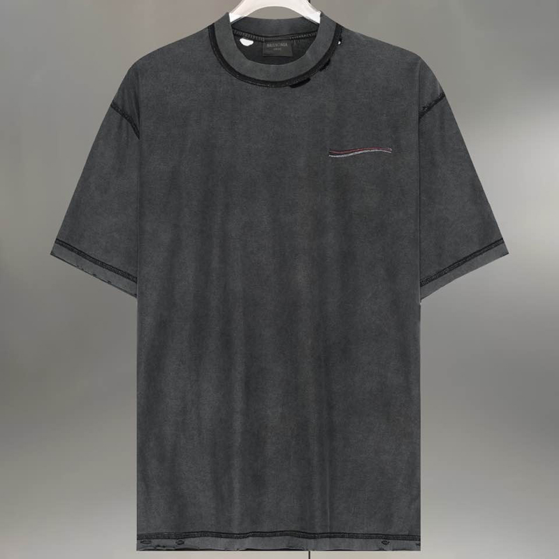 Trendy Ripped Washed Outfit Tee Unisex Heavy Cotton T-Shirt with Punk Style Patchwork Embroidery Reverse Inside Out Wear 25ss 0608