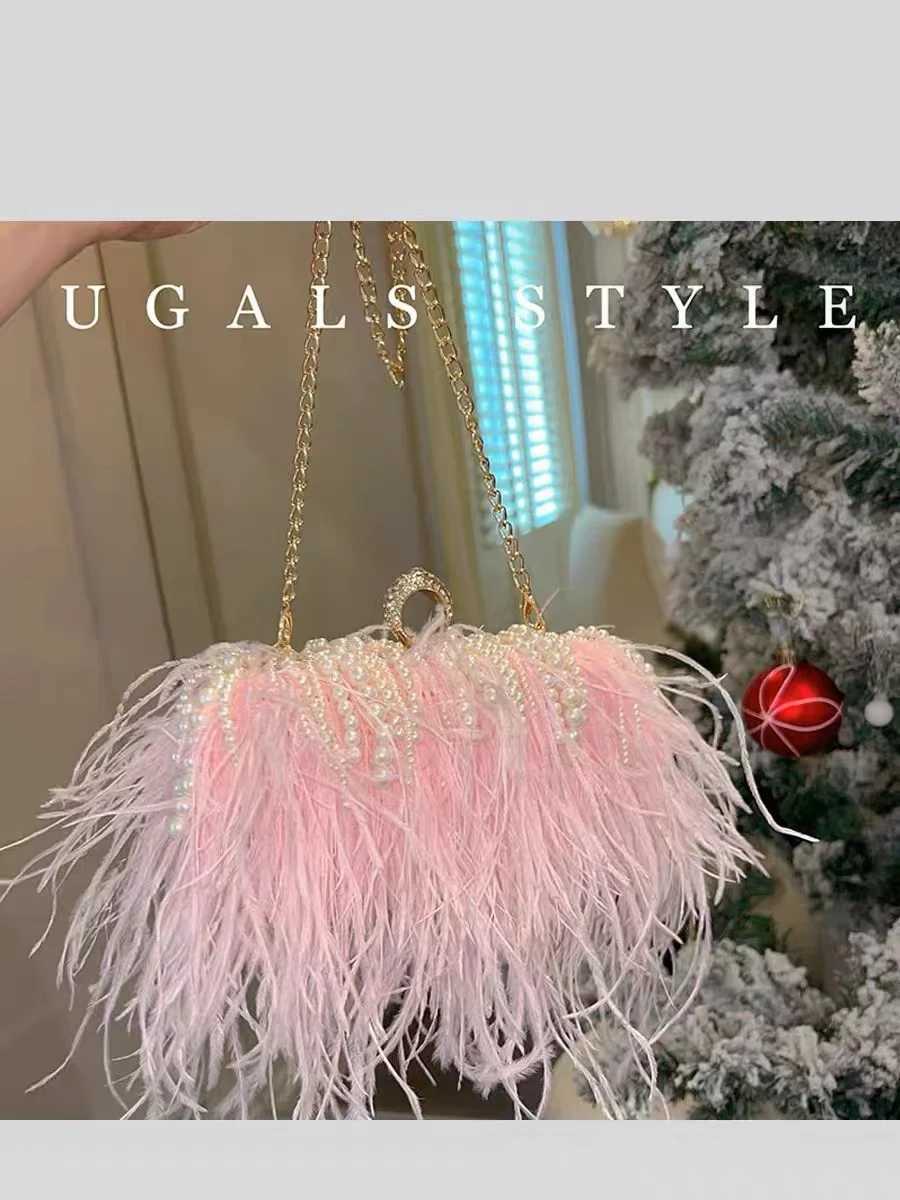 Designer Ostrich Hair Evening Bag Pearl Beading Tassel Womens Handbag Wedding Party Clutch Purse Shoulder Crossbody Bag Z250821