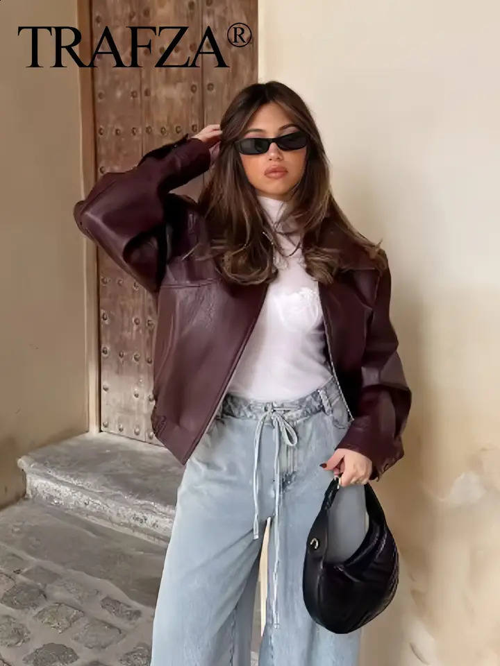 2024 Autumn Women American Style Vintage Solid Bordeaux Red Short Jacket Womens Zipper Long Sleeve Chic Leather 250820