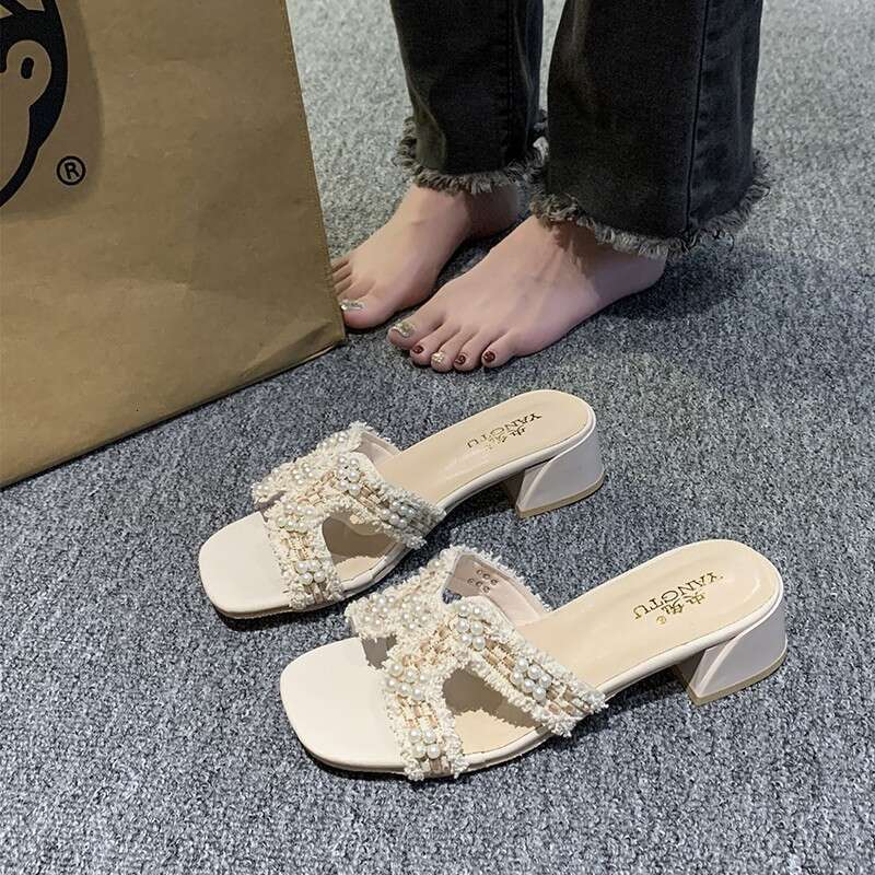 2025 Summer New Chanel-Inspired Women's Outdoor Thick Heel Mid-Heel 4cm Slide Fairy Style Cool Sandals Versatile