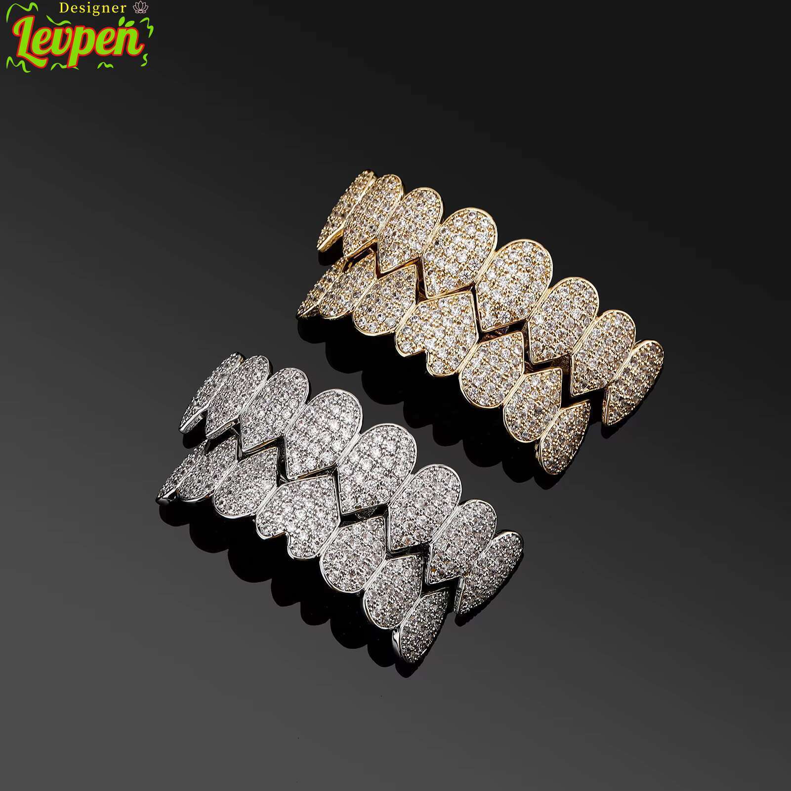 Heart Gold Plated Top Diamond Bottom Teeth Grillz Set Cubic Zirconia Punk Teeth Mouth GrillzOACOCA