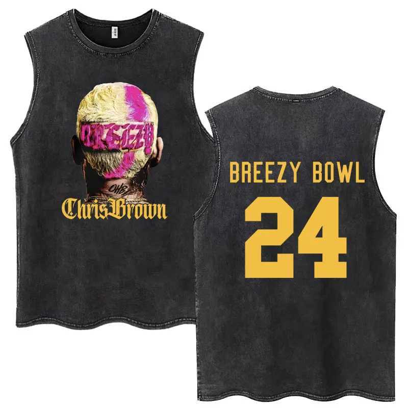 Chris Brown Breezy Bowl XX Tour Washed Tank Tops Fashion Hip Hop Vintage Hipster T-Shirts Men Women Loose Cotton Sleeveless Tees X250821