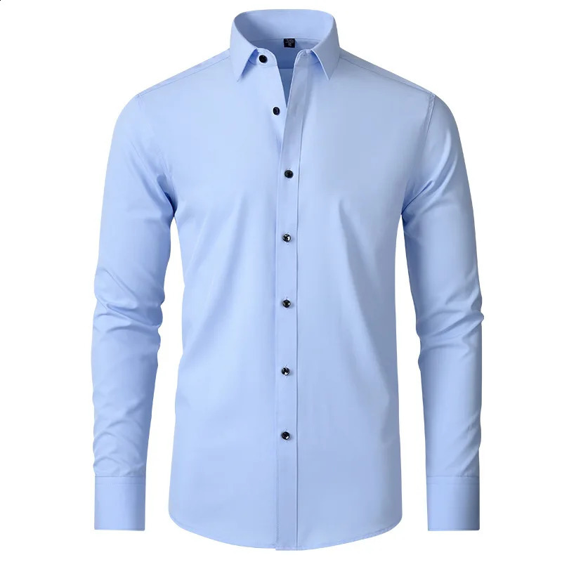 Plus Size 7XL 6XL High Elasticity Seamless Spandex Shirt Men Long Sleeve Slim Fit Casual Solid Color Social Formal Dress Shirts 250905