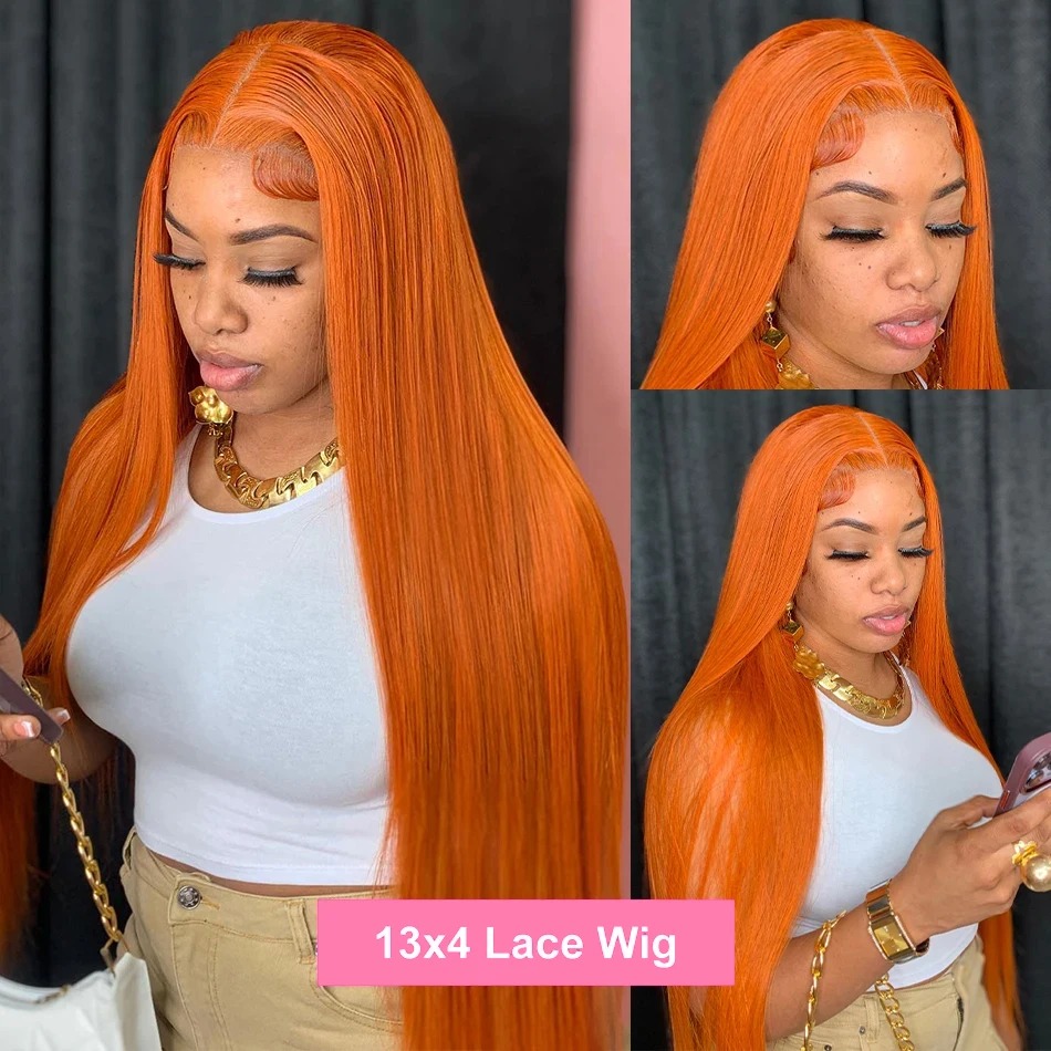 13x6 Hd Lace Front Wig Gluelesss Ginger Orange Silky Bone Straight Human Hair Wigs High 220% Density 13x4 Transparent Lace Frontal Remy Hair Wig