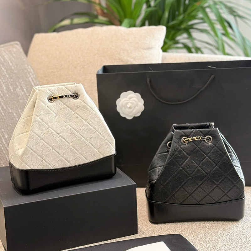 25CM Gabrielle Hobo Drawstring Bucket Backpack Bag Black White GoldSilver Twotone Chain Shoulder Handbag Large Capacity Calfskin Real Leather Sac Purse