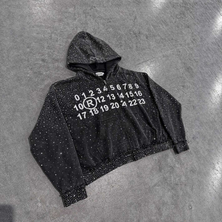 American Street Style Starry Sky Rhinestone Zipper Hooded Black Sweatshirt Hip Hop Autumn Winter Loose Jacket B5