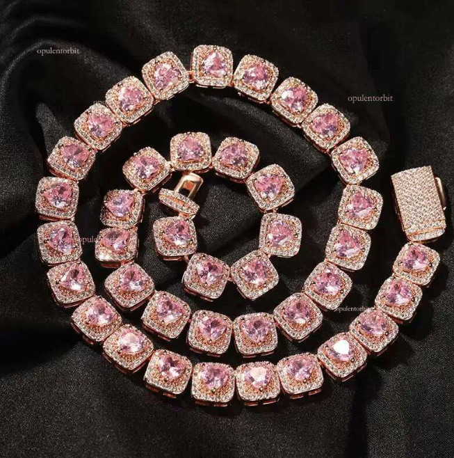 OACOCA Hip Hop Bling 9mm Square Micro Paved Pink Heart Moissanite Dia Men Women Jewelry Chunky Tennis Chain Necklace