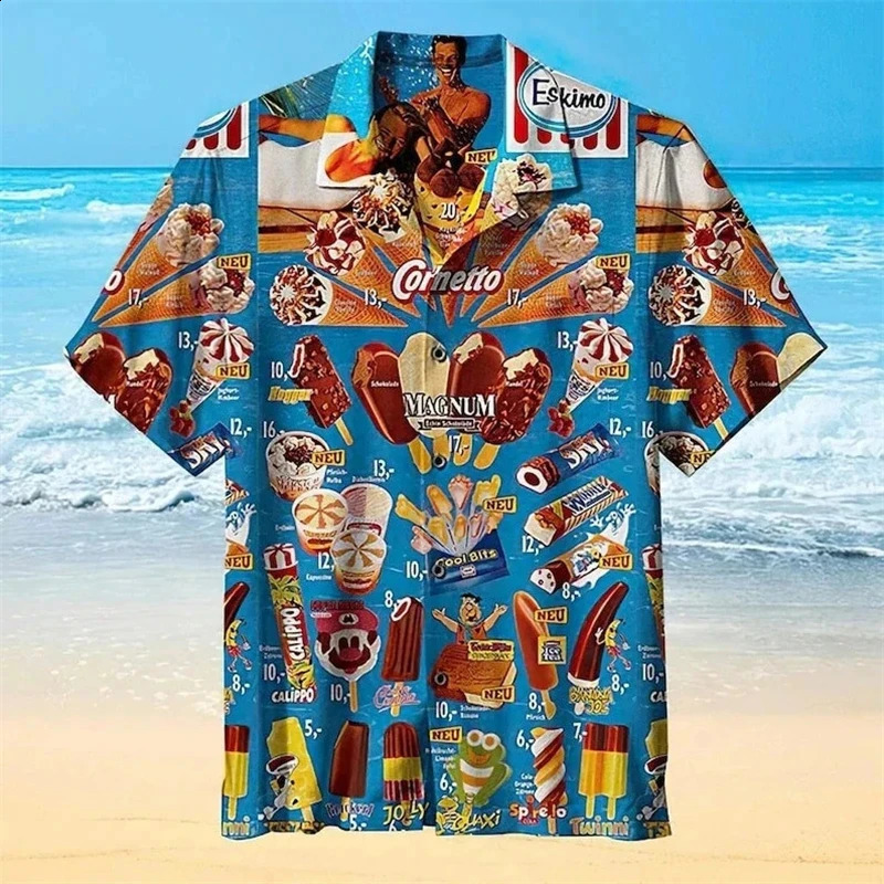 2024 Trendy Cool Fashion Ice Cream Shirts Beach Party 3d Print Hawaiian Shirt unisex Short Sleeve Oversized Blouse Lapel 250820