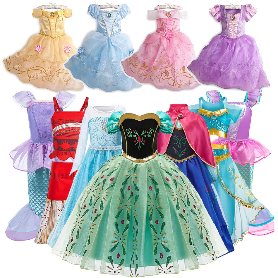 Kids Princess Costume Children Elsa Anna Halloween Dress Girl Jasmine Moana Dinner Rapunzel Mermaid Pageant Disguise 310Y 250820