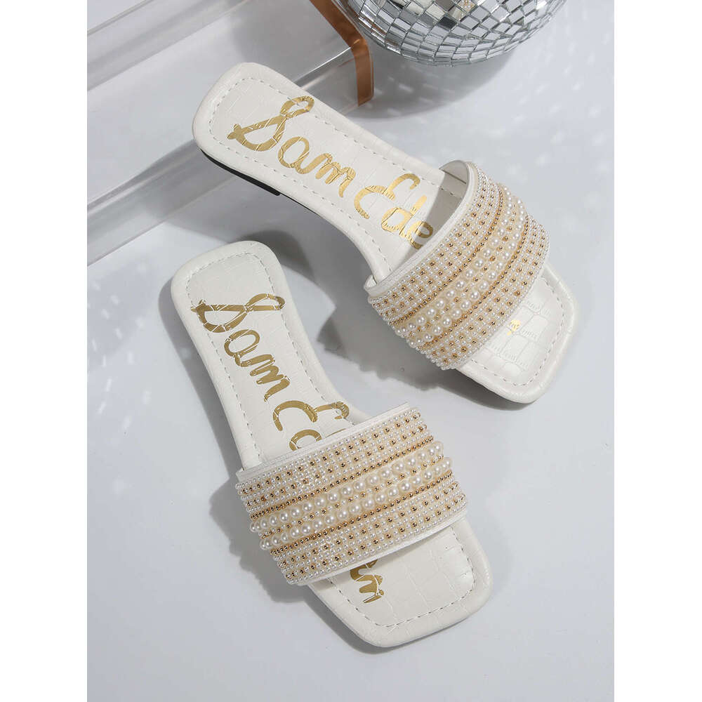 Plus Size Open-Toe Pearl Flat for Women Summer Fashion Square Toe Solid Color Thick Sole Slippers