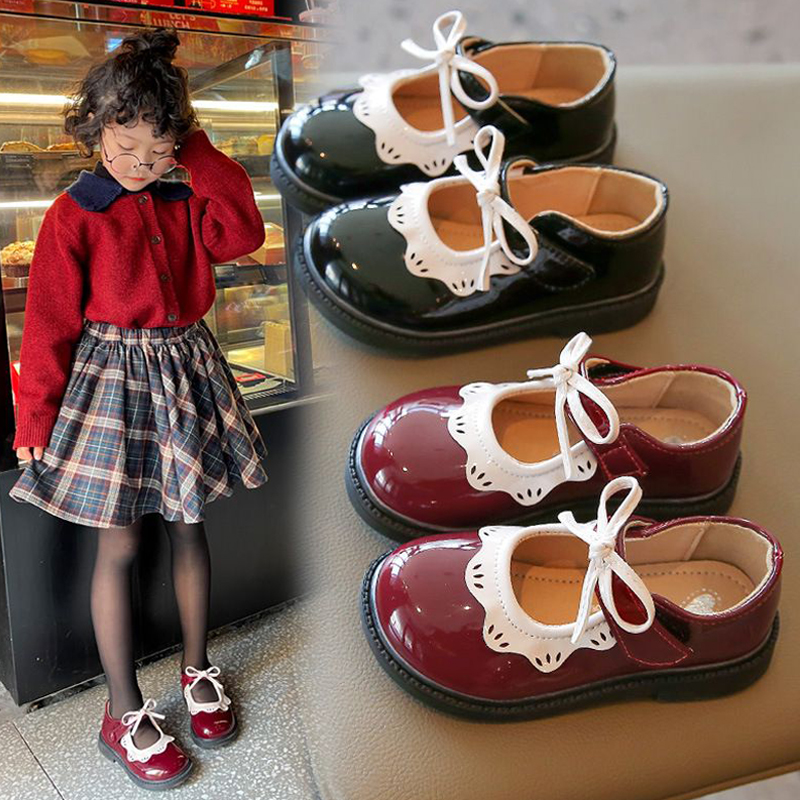 for Kids Girls Princess Wine Red Black Ruffles Elegant Patent Leather Bowknot Walkfashion Children Girl Toddlers Flat Shoes Sizes 21 - 35 dh1922389