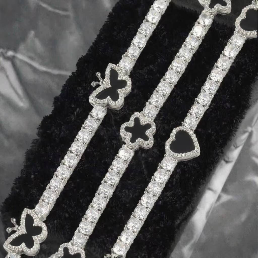Hot sale for men and women, unisex hip-hop 925 silver tennis necklace; Butterfly charm bracelet for men and women, featuring moite,