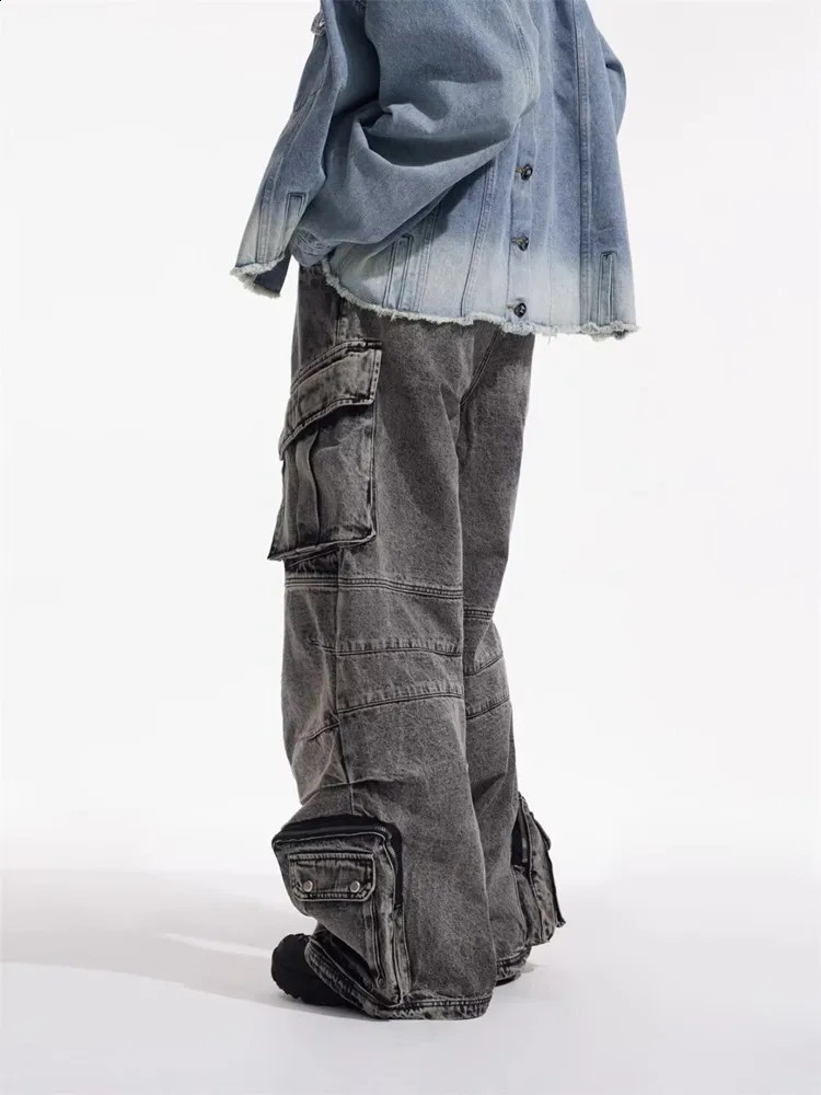 2025 Cyber Y2K Streetwear Washed Grey Baggy Cargo Jeans Pants For Men 90S Vintage Clothes Wide Leg Zipper Gothic Denim Trousers 250821