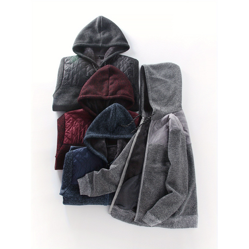 Men's Casual Hooded Polyester Jacket, Solid Color Knitted Fabric, Slightly Stretchy, All-Season Warmth, Suitable for Golf, Hiking, Sports, and Ou