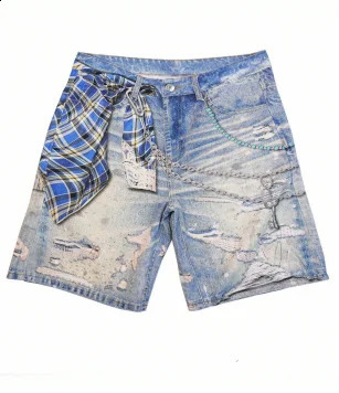 Classic style men and women gradient check print used washing jeans summer casual loose vintage blue denim straight shorts 250820
