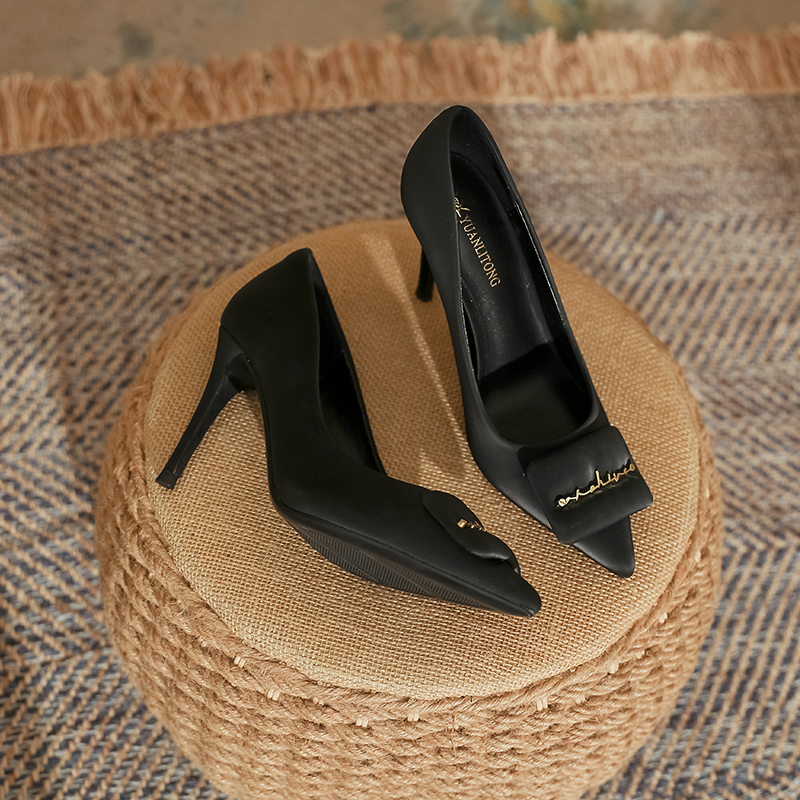 YUANLITONG Stylish Autumn Heels With Square Decor And Buckle Details Elegant Chic Pointed Toe High Heels Black