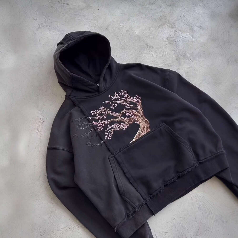 Autumn And Winter Loose Patchwork Casual Top Street Trend Sakura Embroidery Hooded Pullover Sweatshirt B5