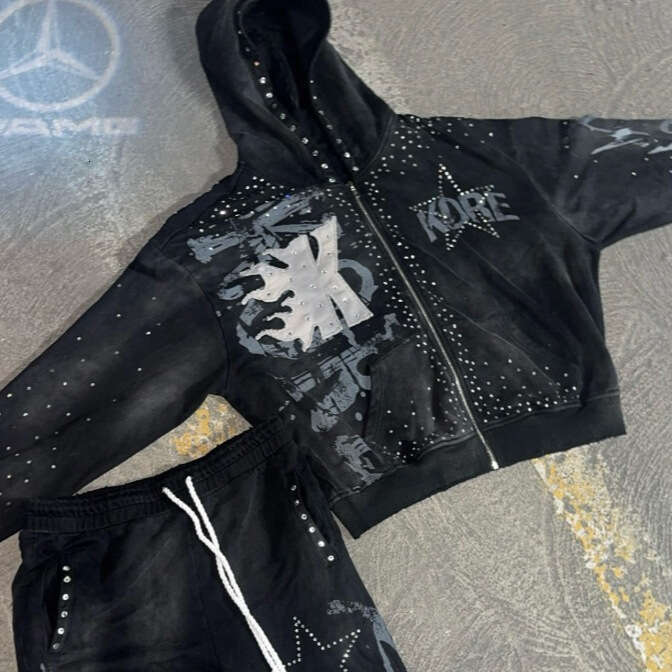 High Street Design Printed Hoodie Zipper Rhinestone Dark Loose Casual Pants Set B5