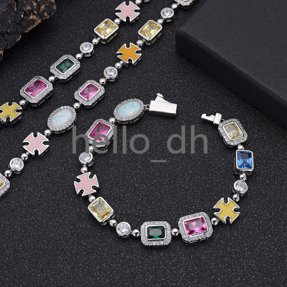 10mm Custom Rainbow Geometric Bling moissanite Stone Chain Necklace Multicolor Cross Round Oval Synthetic Gemstone Choker for Women Men