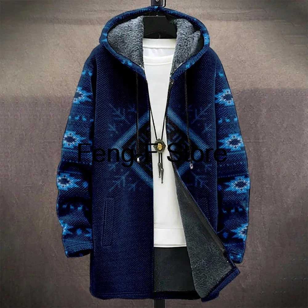 3D Men Jacket Cardigans Native Aztec Graphics Long Coats Printed Mid Trench Outdoor Fleece Winter Casual Streetwear Clothing W250821
