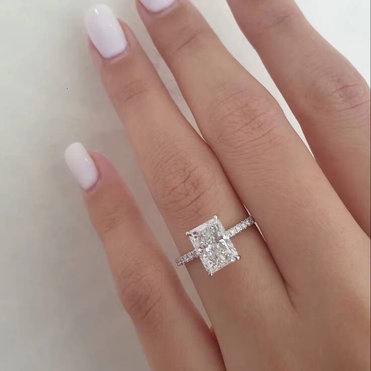 FANCY 14k White Gold Engagement Ring 3.0 CT Radiant Cut Moissanite with Four Claw Prong Stylish Jewelry Trendy Gift