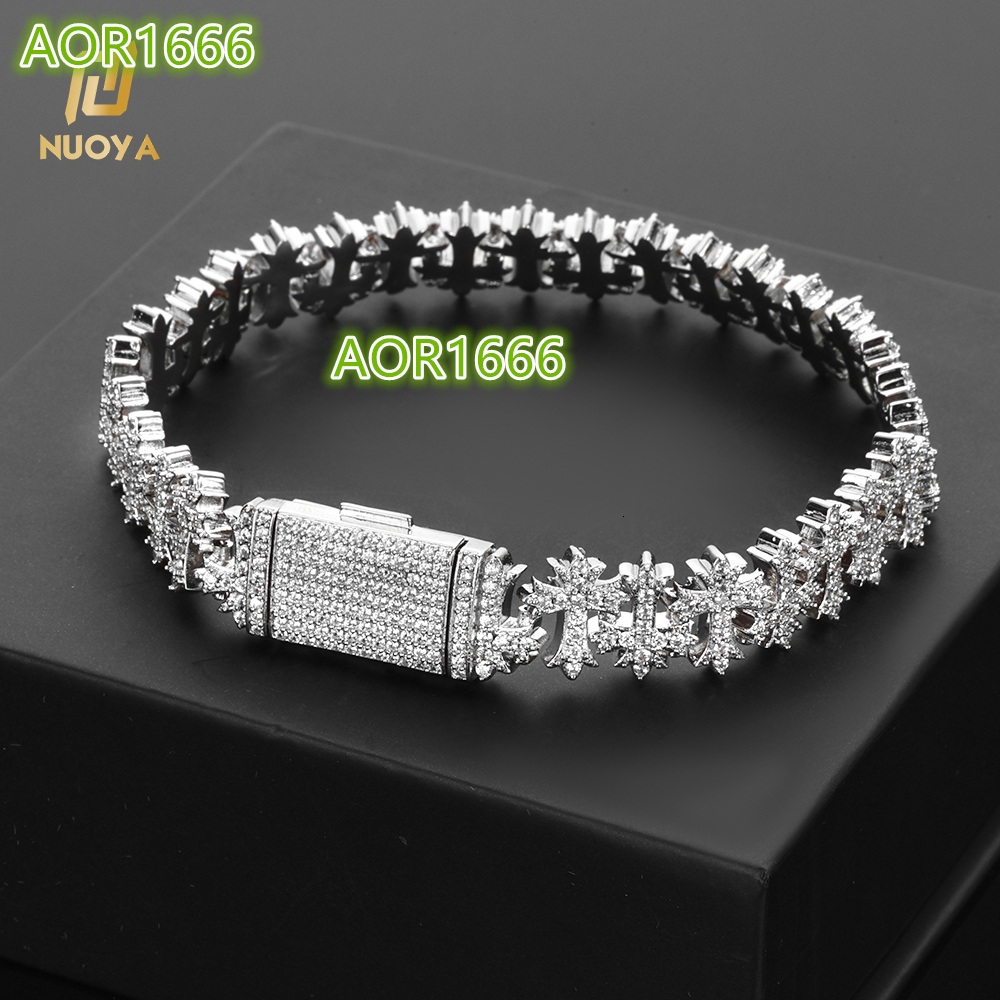NUOYA 11MM Brass Iced Out Bling Cross Design Bracelet Silver Plated Link Chain Fine Jewelry Gift for Women