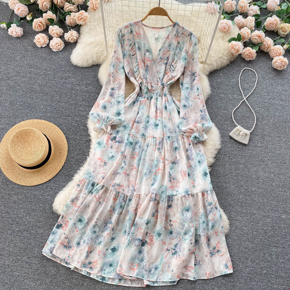 Autumn Style Fairy Tale Long Skirt Bubble Sleeve Stand Collar Lace Trim Floral Print Chiffon Dress Slimming A- Line Dress 250326