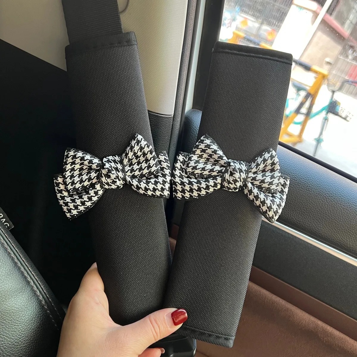 Luxury Designer Leather Car Seat Belt Shoulder Cover Cute Goddess Car Interior Decoration Seat Belt Protective Cover Four Seasons Universal Extension