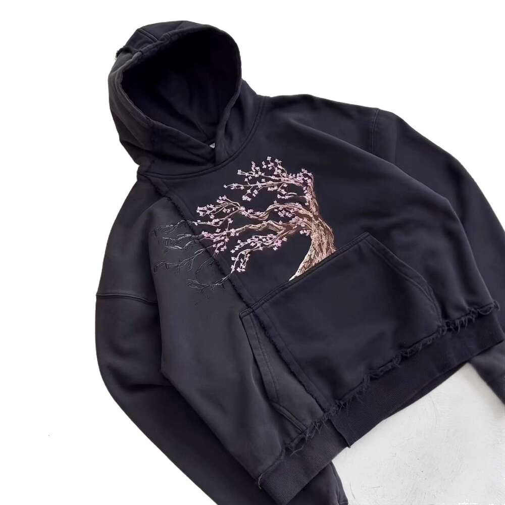 Autumn And Winter Loose Patchwork Casual Top Street Trend Sakura Embroidery Hooded Pullover Sweatshirt B5