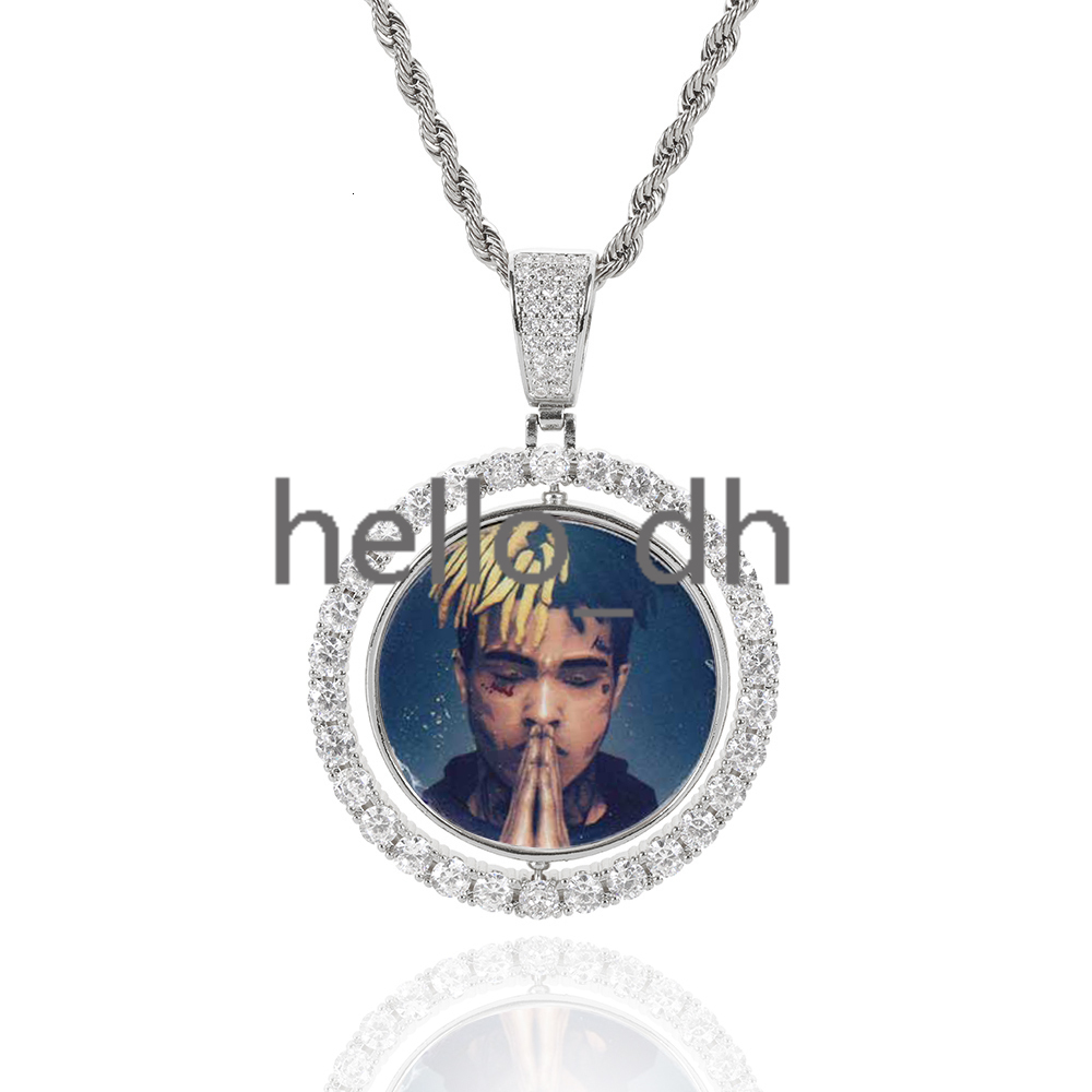 Custom 925 Silver Moissanite Photo Pendant Double Sided Rotating Circle Iced Out Personalized Memory Picture Pendant