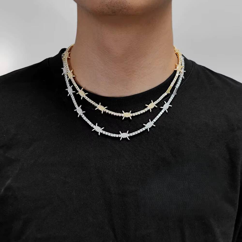 High quality hip-hop style white gold tennis necklace with spring clasp diamond spikes and diamond inlaid links chain.