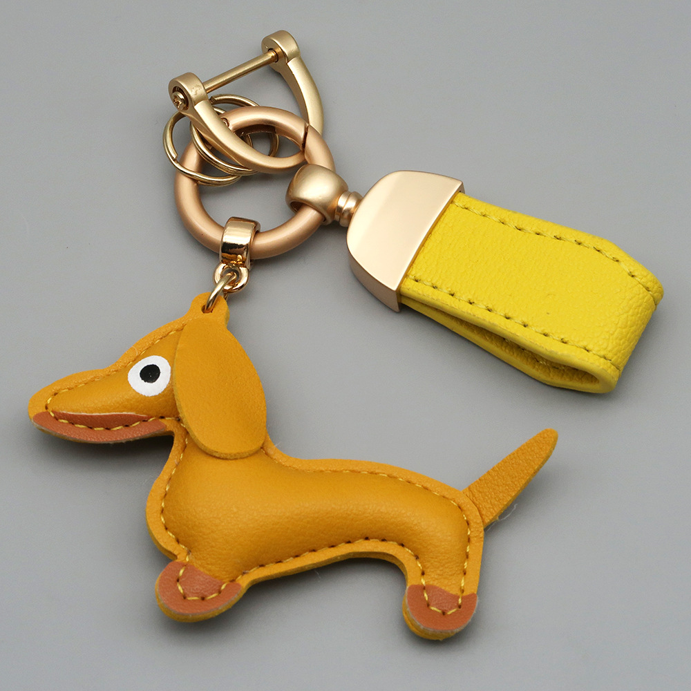 New Arrival Goat Grain Leather Keychain Cute Dachshund Dog Charm Car Key Holder Premium Braided Lanyard Women Bag Charms Accessory (Custom Logo Availa