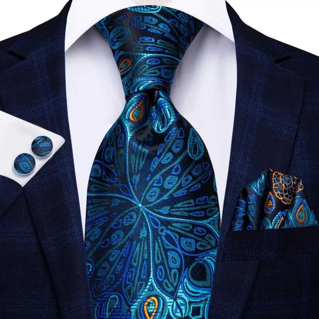 Teal Green Striped Luxury Designer Silk Wedding Tie For Men Handky Cufflink Mens Necktie Fashion Business Party Dropship Hi-Tie H250820