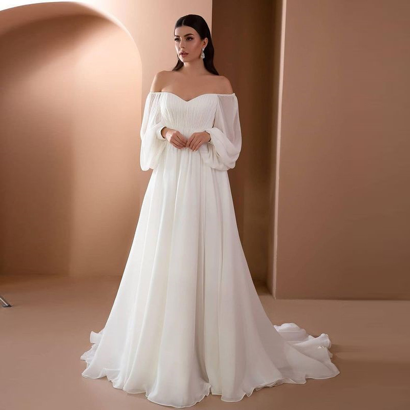 Elegant Women's White Dress Off The Shoulder Long Sleeve Sweep Train A-line Women Banquet Gown Party Dress Formal Occasion