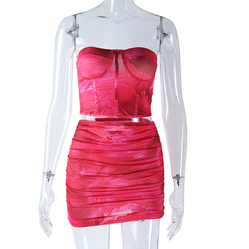 Wind 2025 Summer Fashion Womens Sexy Wrapped Chest Printed Small Tank Top Half Skirt Two Piece Set Trendy