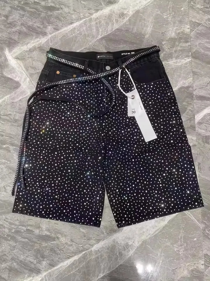 Streetwear Vintage Sequin Denim Short Y2K Jeans Hip Hop Washed Shiny Baggy Shorts Low Waist Casual Over The Knee Pant 250820