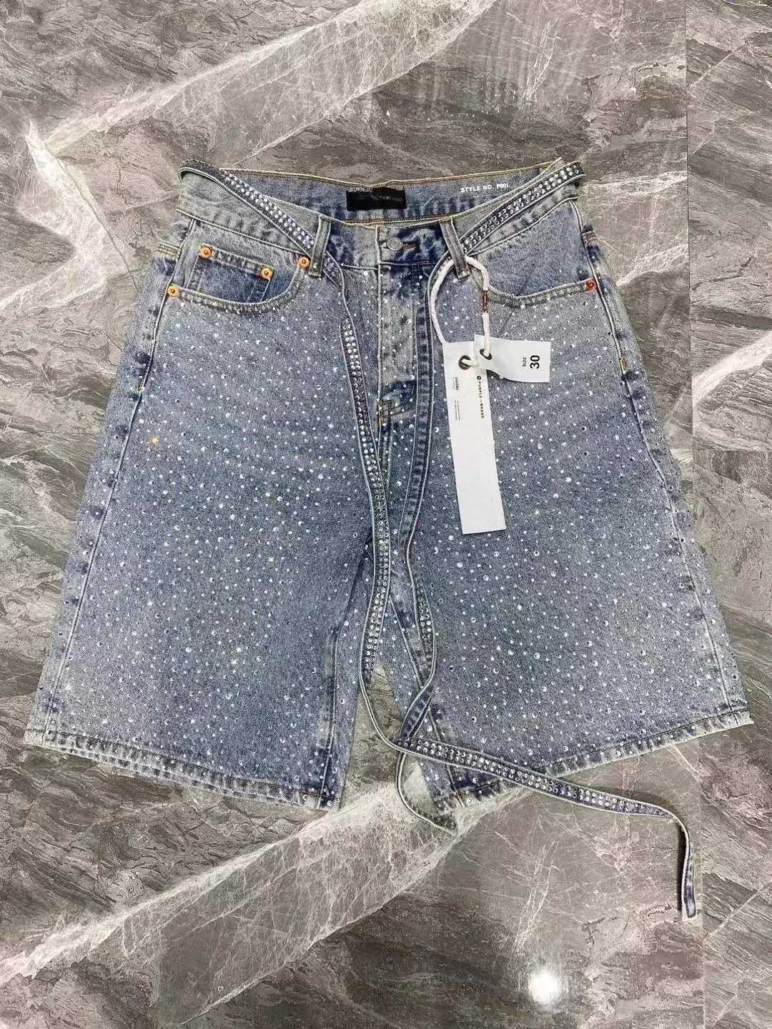 Mens Faded Denim Shorts with Bling Accents Urban Streetwear Vibe Tough Washed Fabric Adjustable Lace Up Style 250820