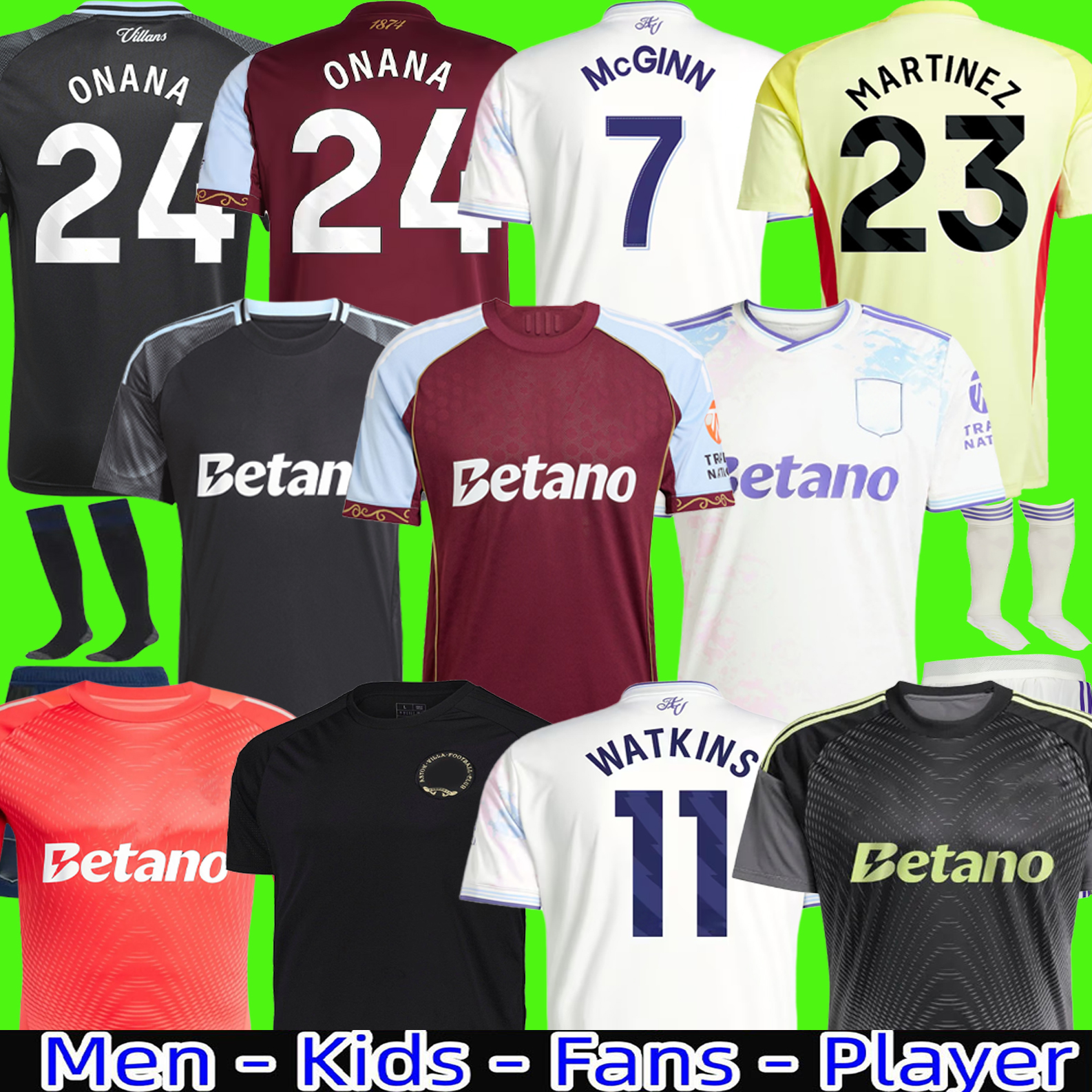 2024 2025 2026 Soccer Jerseys Kids Kit Home 24 25 26 Football Shirt Training Away Fans Version Camisetas Futbol MINGS McGINN BUENDIA WATKINS Maillot Foot