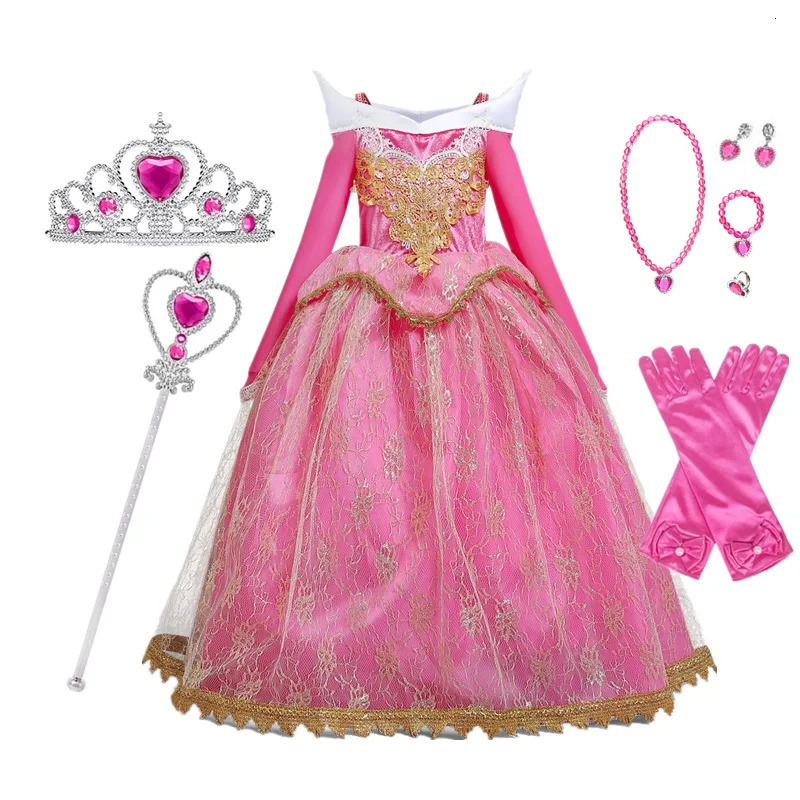 Sleeping Beauty Costume for Girls Pink Dress Long Sleeves Off Shoulder Gown Kids Halloween Xmas Party Cosplay Princess Costume 250820