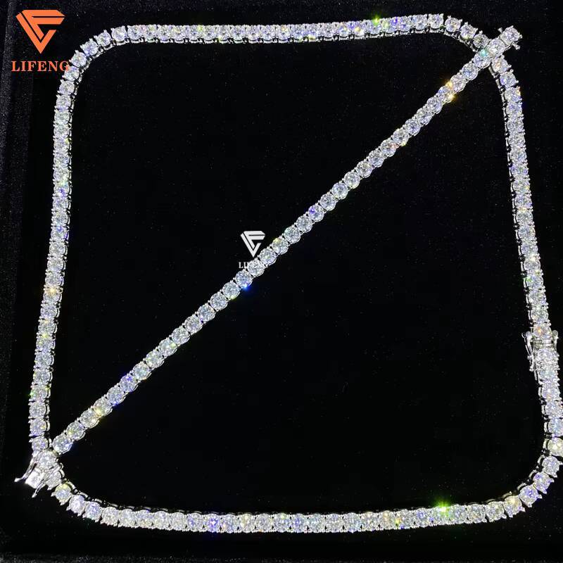 Lifeng Jewelry 5mm VVS Moissanite Tennis Chain Necklace Set White Gold Plated Hiphop Style Iced Bracelet Chain Sterling Silver
