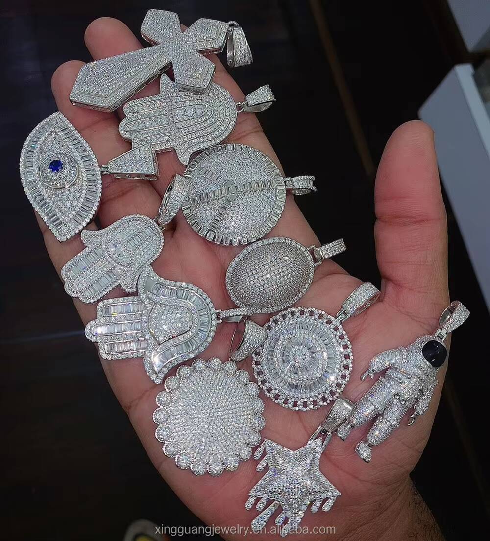 Fashion Real Sterling Solid Silver S925 White Gold Plated VVS Moissanite Round Pendant with Tennis Chain Necklace Jewelry Set