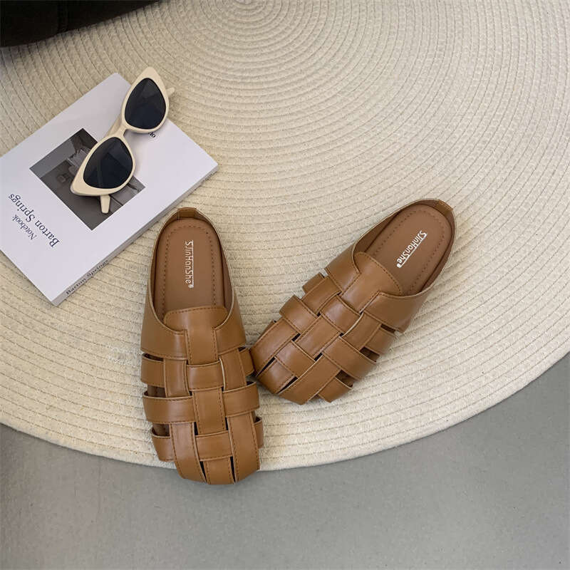 Closed-Toe Half Slippers for Women Summer 2025 New Style Woven Hollow Thick-Soled Slip-On Lazy Mules