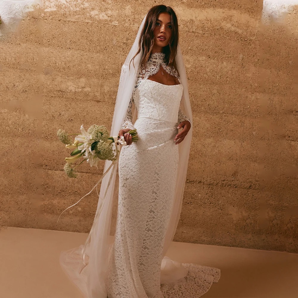 Classic Mermaid Wedding Dress High Collar Long Sleeves Bridal Gowns Lace Floor Length Dresses Custom Made vestidos de novia