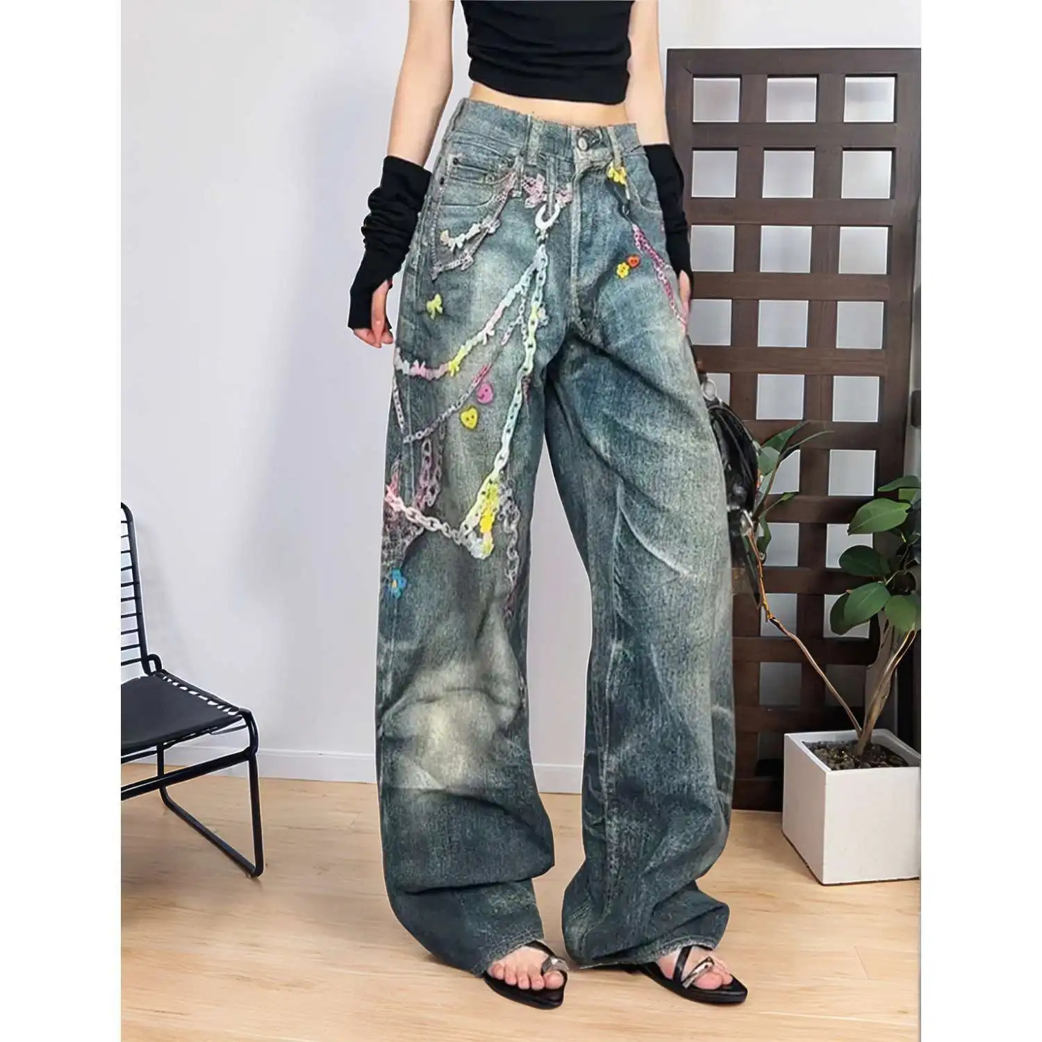 Womens Rainbow Print Palazzo Jeans Retro High Waist Wide Leg Trousers 2024 Summer Candy Color Chain n Street Style Pants 250820
