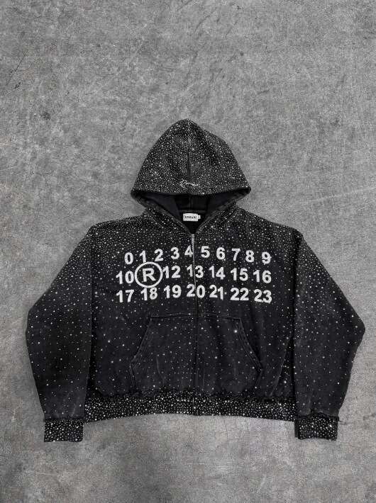 American Street Style Starry Sky Rhinestone Zipper Hooded Black Sweatshirt Hip Hop Autumn Winter Loose Jacket B5
