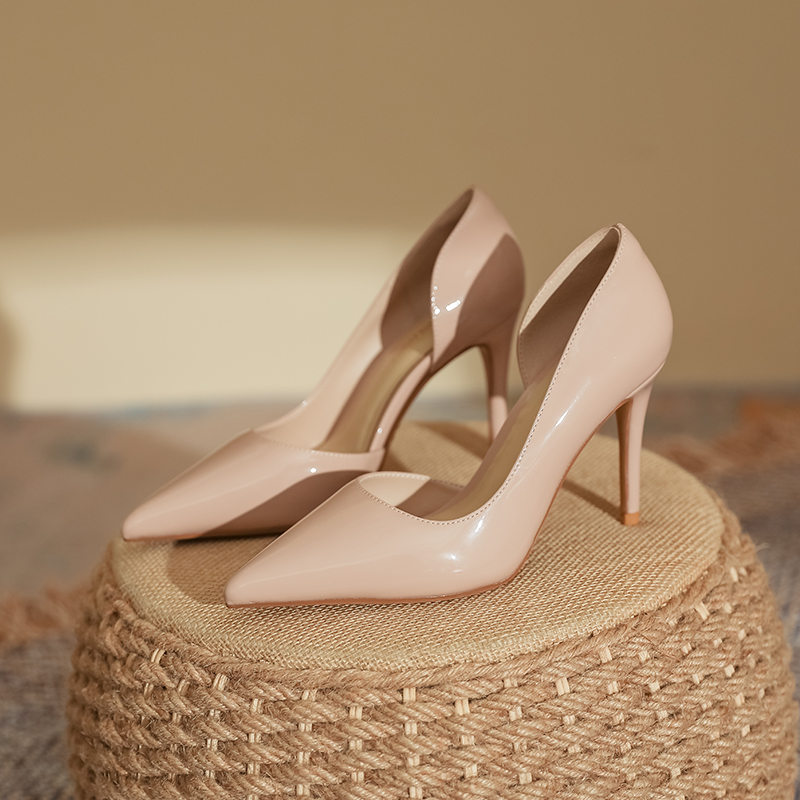 Stylish Nude Patent Leather Pointed Toe High Heels 2025 fashion Shoes Pink Color