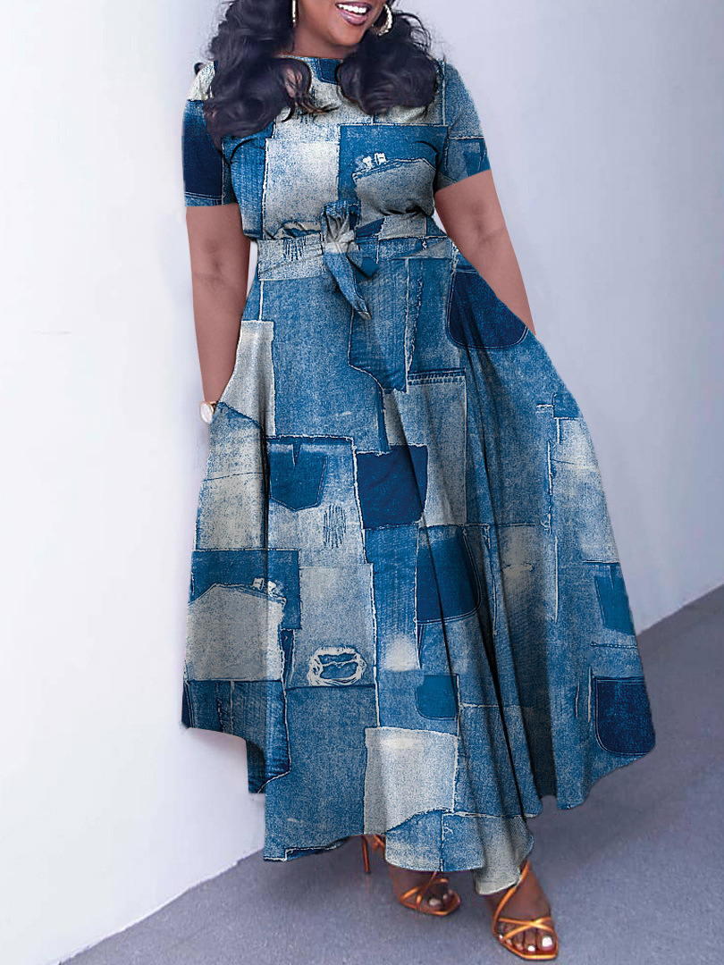 S85Women's new fashion temperament lace-up African plus size short-sleeved big swing foreign trade dress