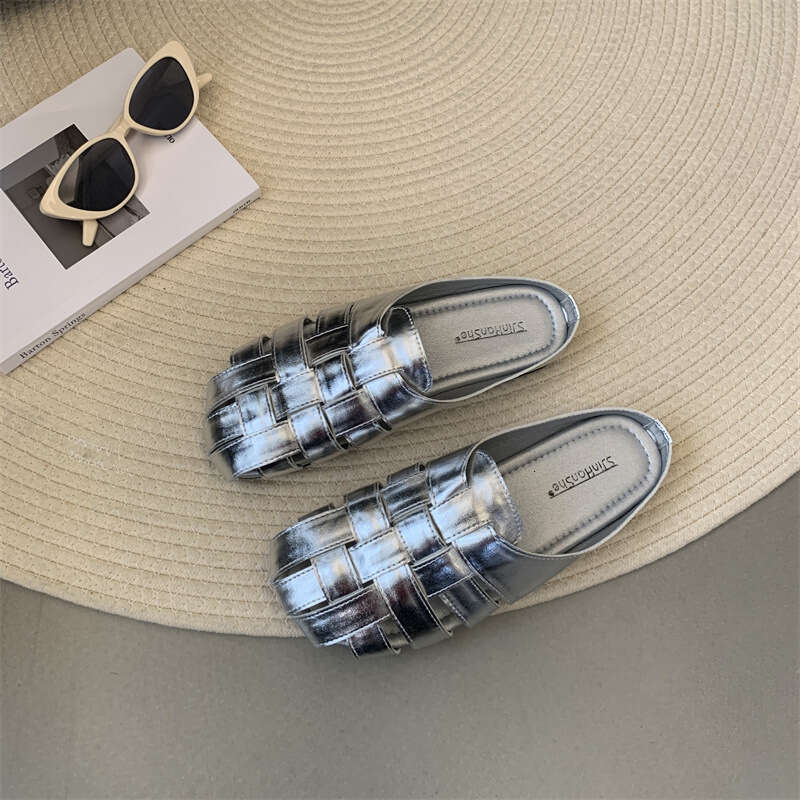 Closed-Toe Half Slippers for Women Summer 2025 New Style Woven Hollow Thick-Soled Slip-On Lazy Mules