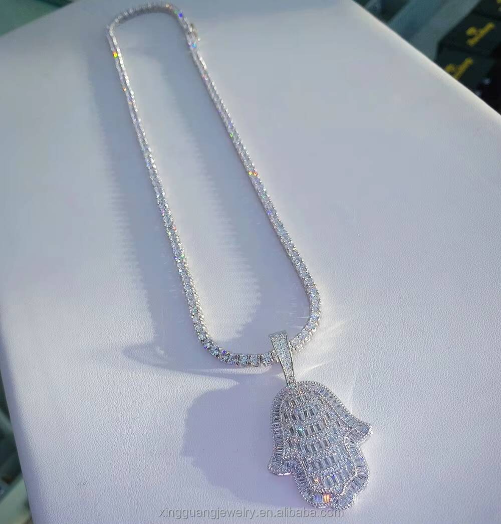 Fashion Real Sterling Solid Silver S925 White Gold Plated VVS Moissanite Round Pendant with Tennis Chain Necklace Jewelry Set