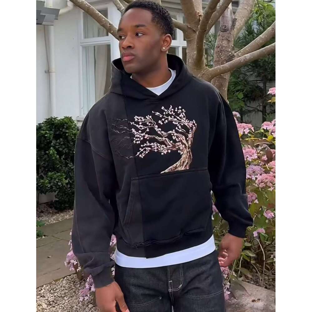 Autumn And Winter Loose Patchwork Casual Top Street Trend Sakura Embroidery Hooded Pullover Sweatshirt B5